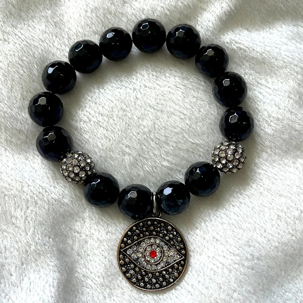 Evil Eye Black Beaded Crystal Stretch Bracelet
